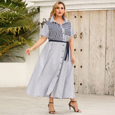 Plus Size Women Stripe Labpel Short Sleeve Dress Sai Feel