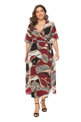 Plus Size Women's Short Sleeve Wrap Printed Midi Dress Sai Feel