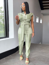 Plus Size Zip Front Tie Waist Shirt Jumpsuit Sai Feel