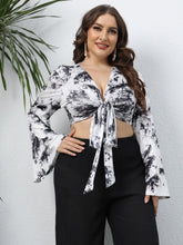 Plus Tie Dye Tie Front Flounce Sleeve Crop Top Sai Feel
