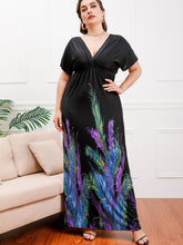 Plus size Feather Print Deep V-Neck High Waist Maxi Dress Sai Feel