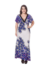 Plus size M-6XL Peacock Print Deep V-Neck High Waist Contrast Color Piping Maxi Dress Sai Feel