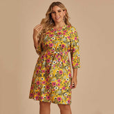 Plus size V-neck print chiffon A-line long sleeve dress for ladies Sai Feel