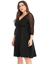 Plus size dress solid color mesh Mosaic waist elegant seven-minute sleeve dress Sai Feel