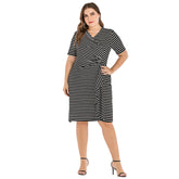 Plus size fashion women's striped short sleeve V-neck one-step skirt slim hip wrap skirt dress Sai Feel