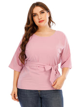 Plus size round collar slim waist casual joker solid color five-quarter sleeve women's T-Shirt with belt Blouse Shirt Sai Feel