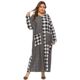 Plus size women's V-neck plaid spliced double pockets loose long dress Sai Feel