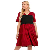 Plus-size women's V-neck short sleeve contrast color a-line skirt loose skirt Sai Feel