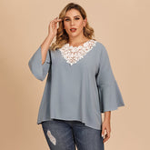 Plus size women's blouse with flared sleeves and lace crochet stitching V-neck in solid color shirt Sai Feel