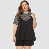 Plus size women's casual stretch loose patchwork short sleeves two piece culottes Sai Feel