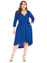 Plus size women's dress V - neck solid color long sleeve wrap skirt one-step skirt Sai Feel