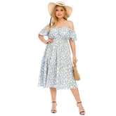 Plus size women's dress belt flower printing sexy drop shoulder elastic waist loose dress Sai Feel