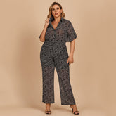 Plus size women's fashion flared sleeve lapel waist wide-leg jumpsuit Sai Feel