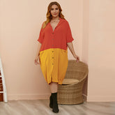 Plus size women's fashion lapel pocket five-quarter sleeve print contrast color dress Sai Feel