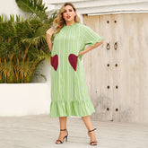 Plus size women's flounces short sleeves loose casual sweet stripe print dress Sai Feel