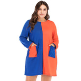Plus size women's loose round neck long sleeve dress contrasting colors Sai Feel
