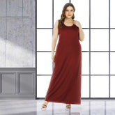 Plus size women's loose round neck solid color Sleeveless Dress Sai Feel