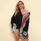 Plus size women's national style print stitching loose long sleeve sexy shirt Sai Feel