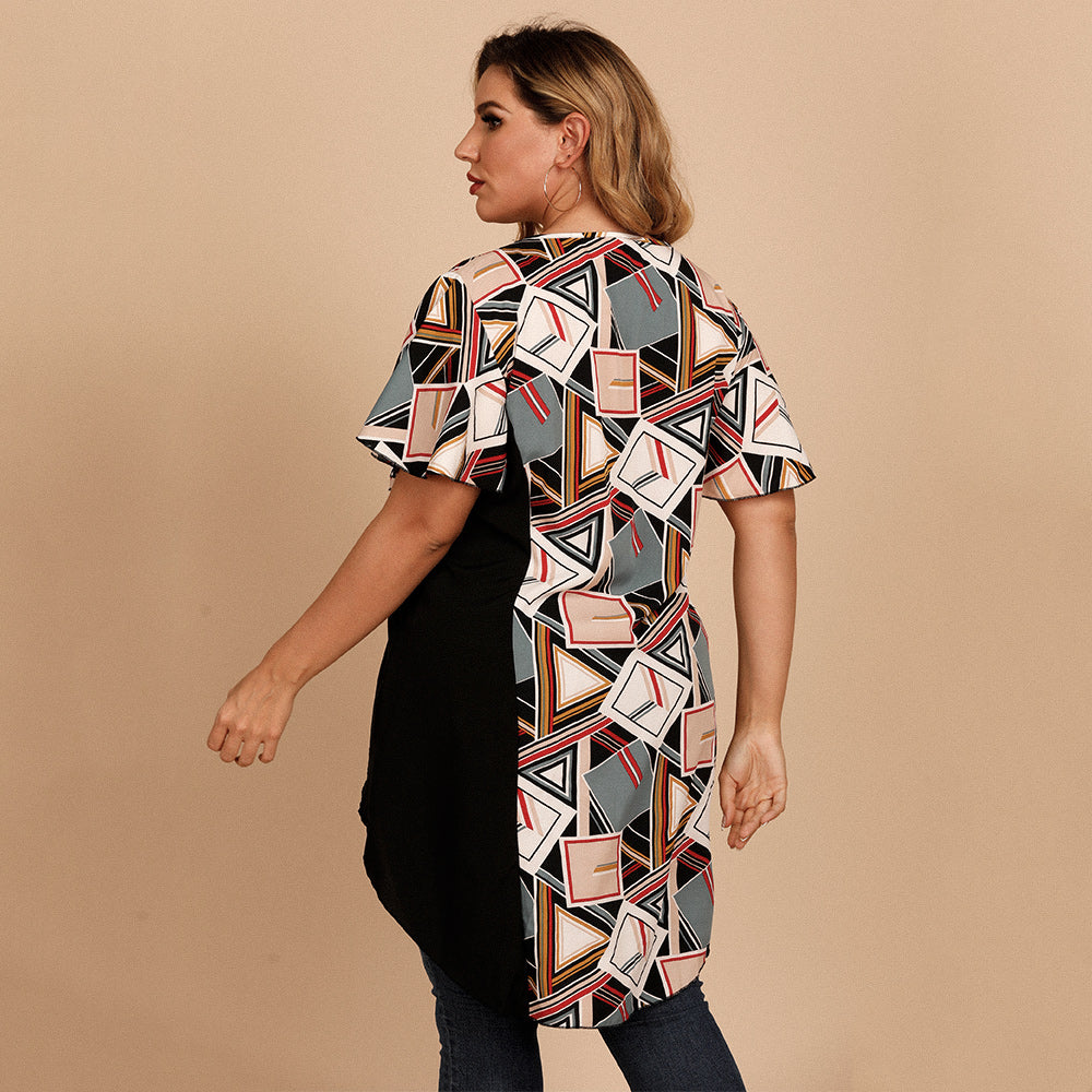 Plus size women's round neck short sleeves loose geometric design T-shirt top shirt Sai Feel