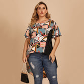 Plus size women's round neck short sleeves loose geometric design T-shirt top shirt Sai Feel