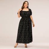 Plus size women's square collar bubble sleeve long dress polka dot skirt Sai Feel