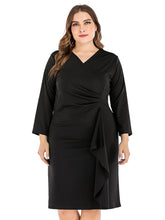 Plus-size women's v-neck solid color long sleeve hip wrap one-step skirt Sai Feel