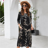 Plus-size women's vintage print canary velvet dress with round neck and three-quarter sleeves Sai Feel