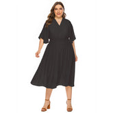 Plus size women solid color V-neck short sleeves dress Sai Feel