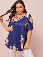 Plus v neck Cold Shoulder large floral plant print short sleeve tee top Sai Feel
