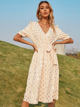 Polka Dot V-neck Short Sleeve Puff Sleeve Tie Dress Sai Feel