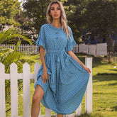 Polka Dots Button Front Elastic Waist Self Tie Ruffled Dress Sai Feel