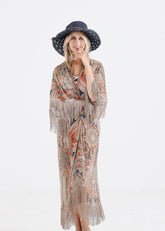 Print Sheer Fringed Cover Up Shawl Sai Feel