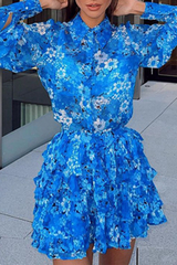 Print Split Joint Turndown Collar Cake Skirt Dresses Sai Feel