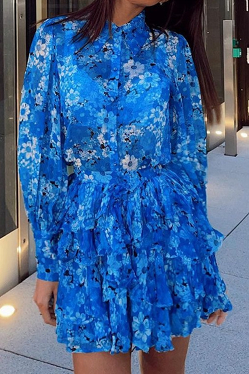 Print Split Joint Turndown Collar Cake Skirt Dresses Sai Feel