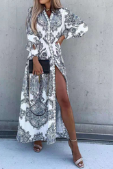 Print Split Joint Turndown Collar Shirt Dresses Sai Feel