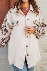 Print Split Joint Turndown Collar Tops Sai Feel