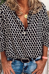 Print Split Joint Turndown Collar Tops Sai Feel