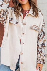 Print Split Joint Turndown Collar Tops Sai Feel