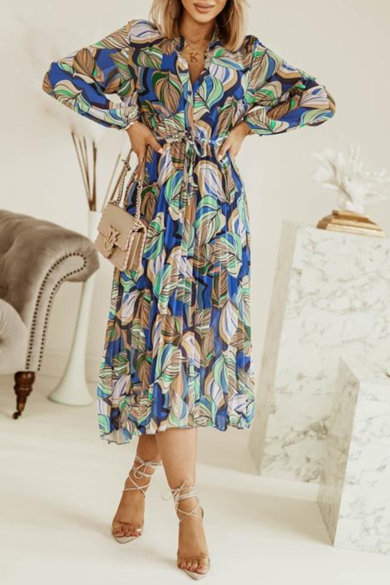 Print Split Joint Turndown Collar Waist Skirt Dresses(3 colors) Sai Feel