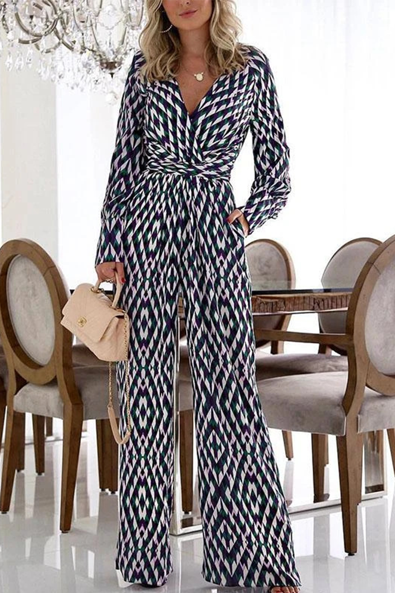 Print Split Joint V Neck Boot Cut Jumpsuits Sai Feel