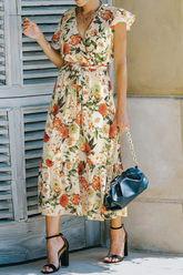 Print Split Joint V Neck Cake Skirt Dresses(3 colors) Sai Feel