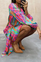 Print Split Joint V Neck Irregular Dresses Sai Feel