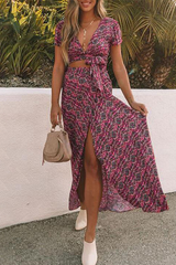 Print Split Joint V Neck Short Sleeve Two Pieces Sai Feel