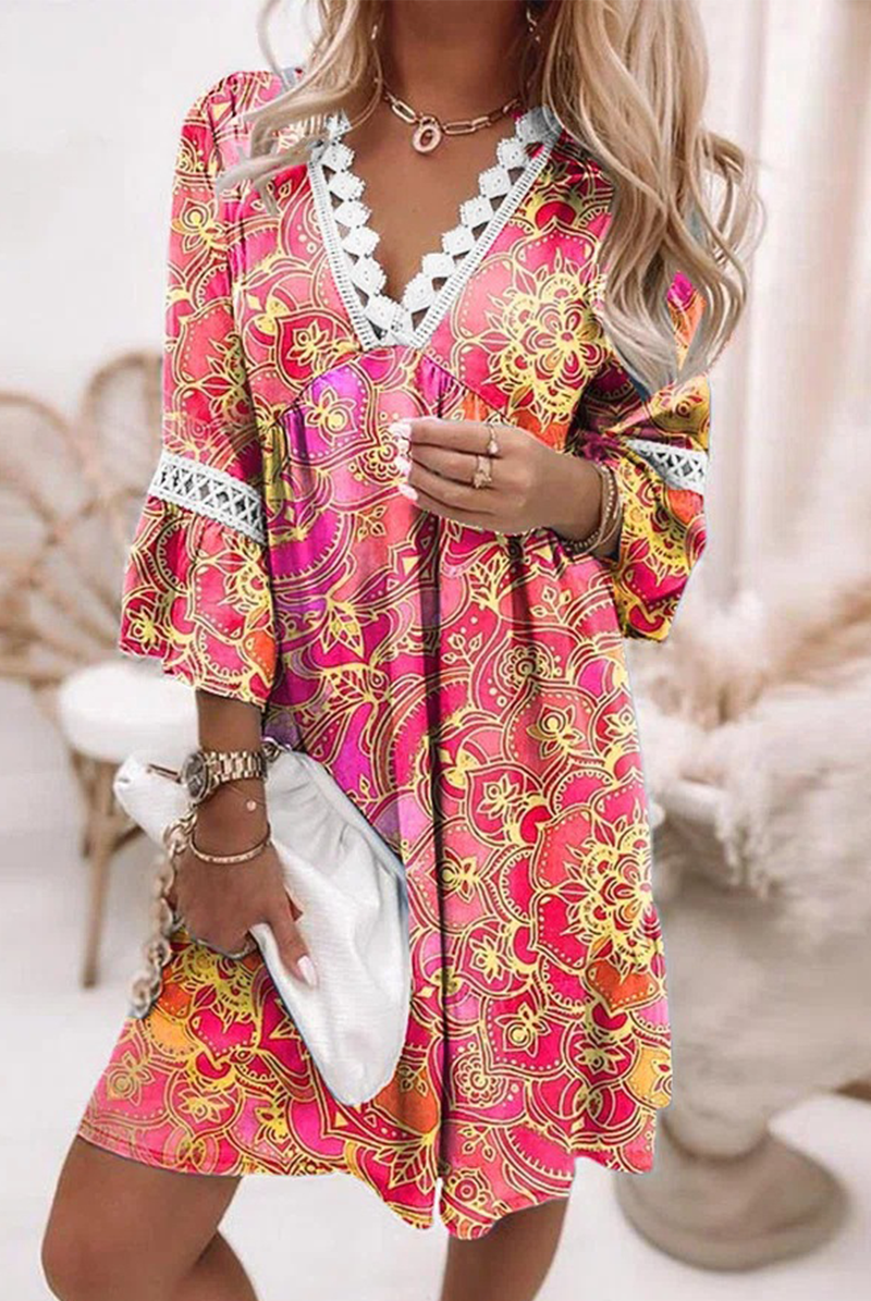 Print Split Joint V Neck Straight Dresses(6 colors) Sai Feel