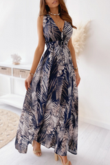 Print Split Joint V Neck Waist Skirt Dresses Sai Feel