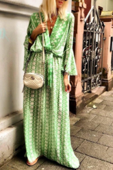 Print Split Joint V Neck Waist Skirt Dresses Sai Feel