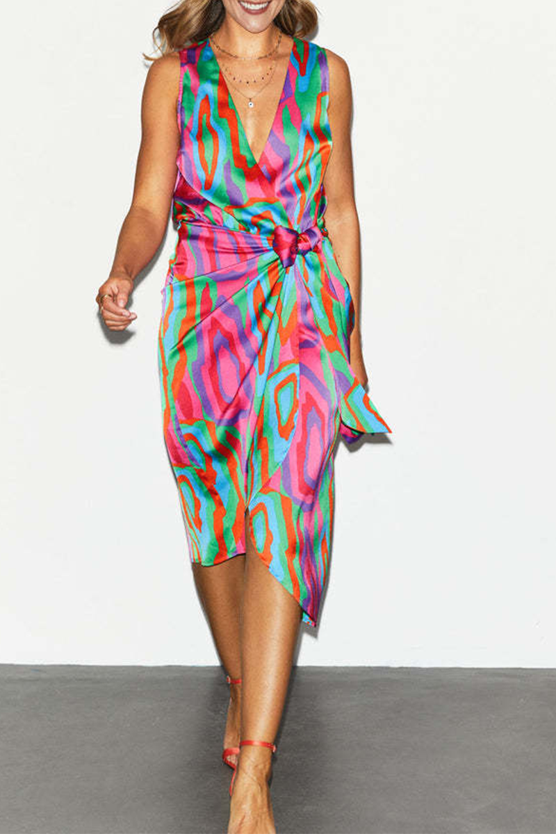 Print Split Joint V Neck Waist Skirt Dresses Sai Feel