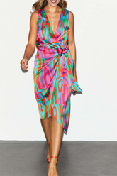 Print Split Joint V Neck Waist Skirt Dresses Sai Feel