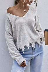 Print Tassel V Neck Tops Sweater Sai Feel