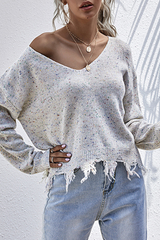 Print Tassel V Neck Tops Sweater Sai Feel